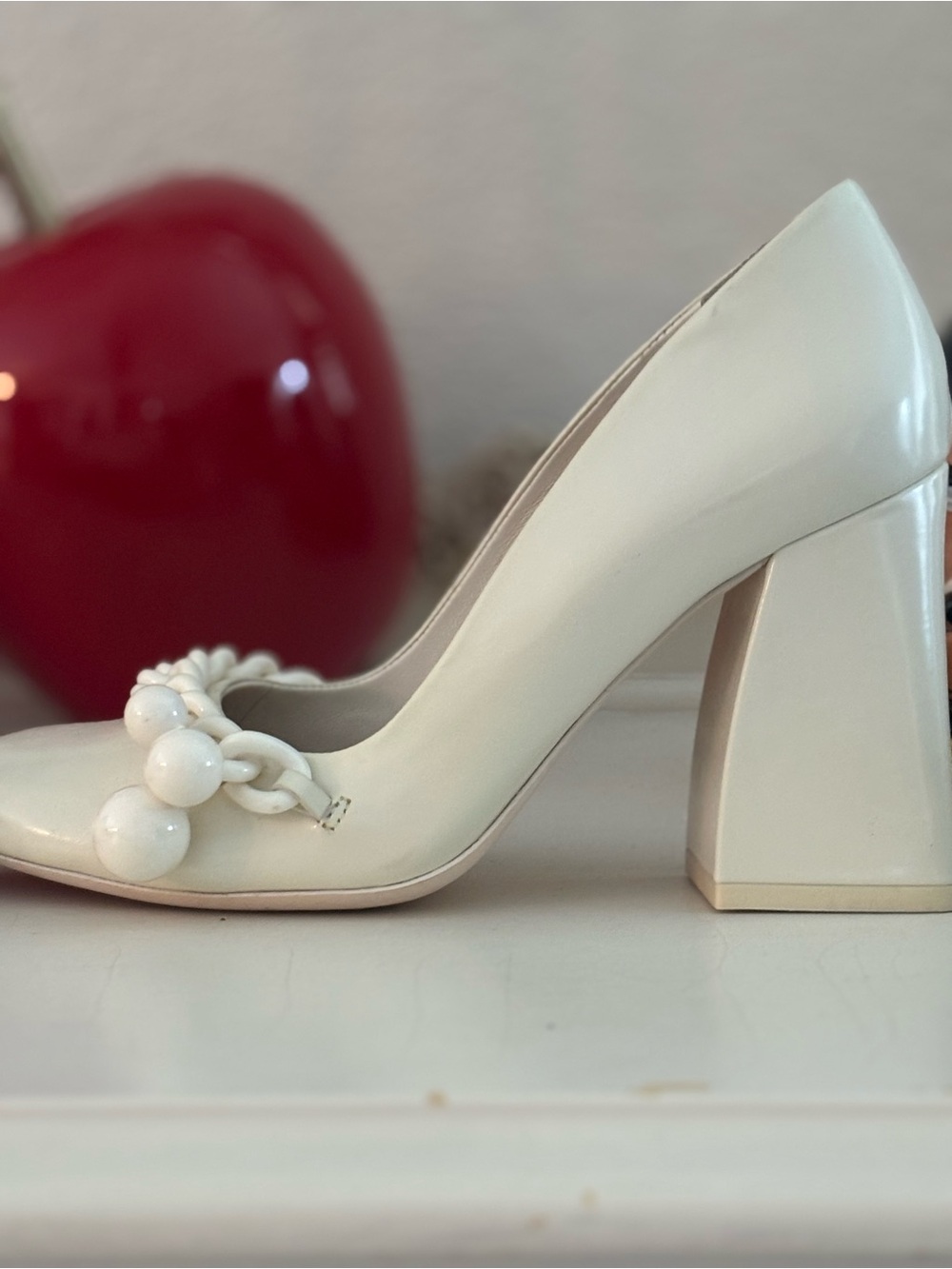 Tory Burch White Braided Pom Block Heel Pumps